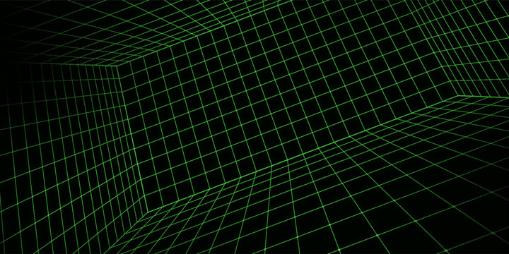 Neon green wireframe grid room. 3d perspective angle background. Futuristic digital outline space. Geometric dimension design. Vector template illustration