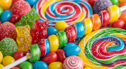 Fototapeta premium Colorful jelly beans candy on white and black backgrounds