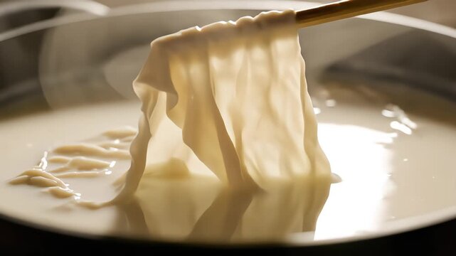 Close up of a wooden stick gently lifting fresh delicate yuba or tofu skin from a pan of hot steaming soy milk in traditional asian cooking process