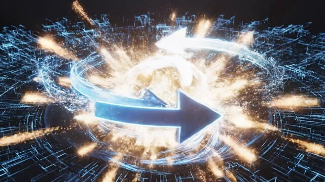 Futuristic digital technology abstract blue glowing arrows circular energy motion swirl dynamic cyber vortex data pattern light explosion concept science virtual background power electric modern