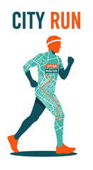 Fototapeta premium Energetic Runner Embodies City's Urban Marathon Route: A Vibrant Artistic Illustration