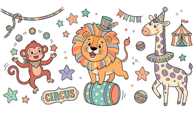Cute Circus Animals Set Cartoon Lion Monkey Giraffe Hand Drawn Vector Illustration