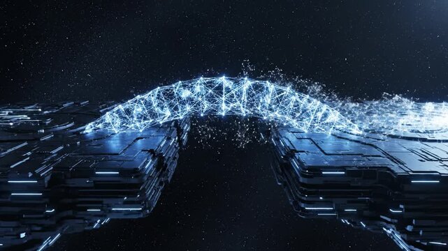 Futuristic digital network bridge technology connection glowing cyber data abstract innovation sci fi space electricity arcing between platforms modern high tech architecture virtual structure