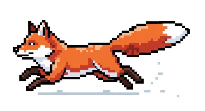 Lively orange fox depicted in a classic 8-bit pixel art style running across the frame.