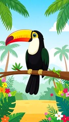 Fototapeta premium Cartoon Toucan in Tropical Paradise - A Vibrant Illustration.