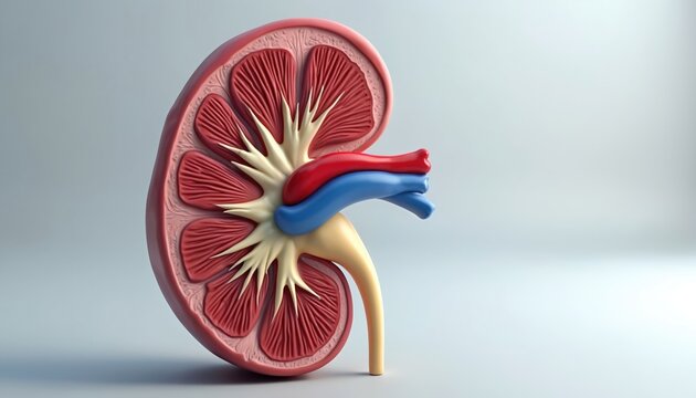 Human kidney anatomy cross section showing inner structures. Renal artery vein ureter and pelvis are visible. Medical illustration for health science education research.