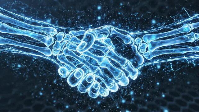 Futuristic handshake digital skeleton hands glowing blue technology partnership innovation virtual connection teamwork abstract background cyber concept collaboration with two glowing blue x ray