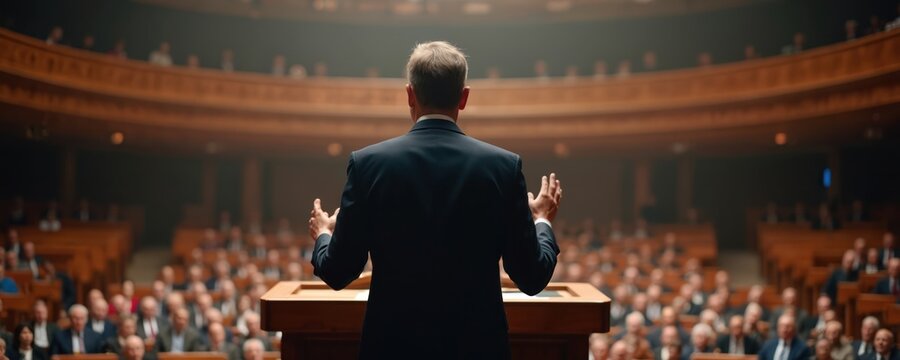 Man in suit speaks to assembly from podium. Audience listens in legislative hall. Public speaking event with politician addressing crowd on stage. Leaders engage.