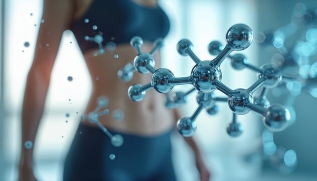 Molecular structure overlay on fit female torso. Represents science behind body sculpting, fitness goals, and metabolic health. Concept for biotech or wellness.