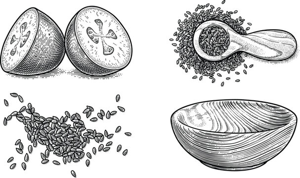 Feijoa and flax seeds in bowl and spoon top view vector illustration