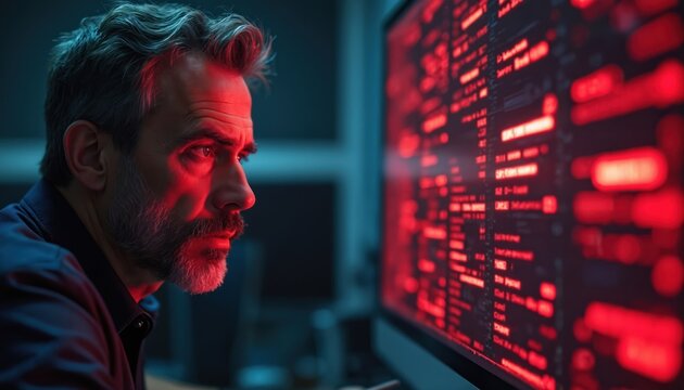 Man with beard stares at monitor with red code. Computer screen glows intensely. Digital data displayed on display. IT worker analyzes system. Cyber security threat warning.