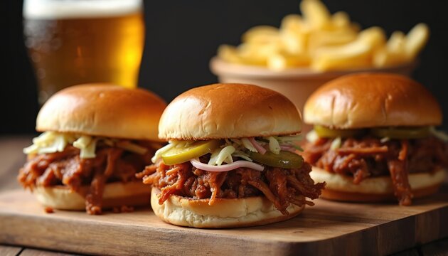 Three juicy pulled pork sliders with pickles and coleslaw sit on wooden board. A glass of beer and bowl of french fries complete this hearty meal perfect for lunch or dinner.