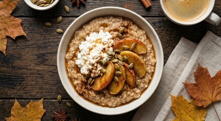 Fototapeta premium Autumn oatmeal bowl with caramelized apples and pumpkin seeds