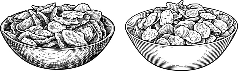 Fototapeta premium Cereal flakes in bowls vector illustration hand drawn engraving style