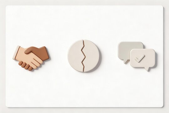 Conceptual illustration of collaboration showcasing a handshake symbolizing unity a fractured circle representing conflict alongside communication bubbles highlighting dialogue clarity and