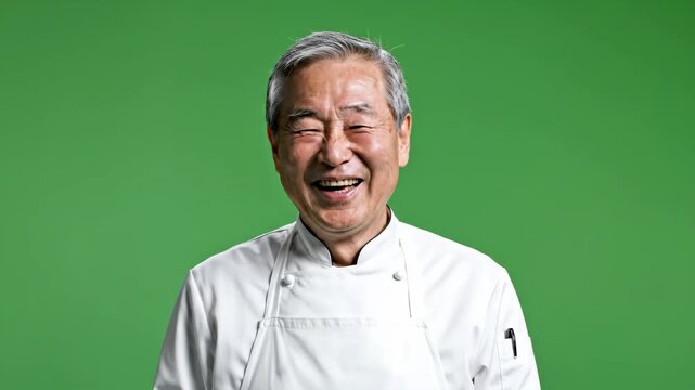 Friendly senior chef smiling in professional kitchen with green screen background