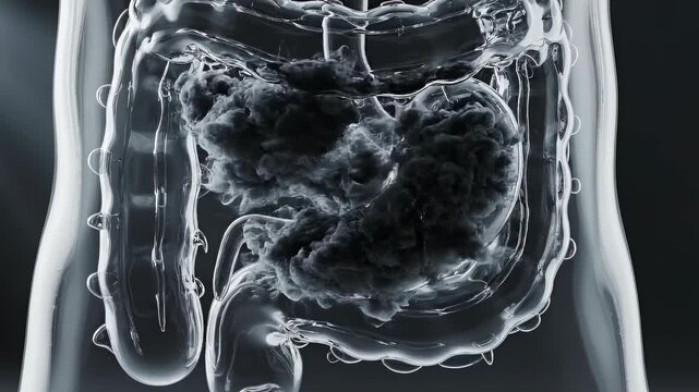 Transparent intestine gut colon digestive system with black smoke, health medical anatomy disease concept, dark cloud intestine, gut health, bloating