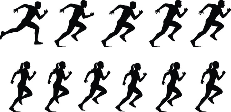 Sequence of male and female running silhouettes in black isolated on white background for animation sprite sheet and sports fitness graphic design projects