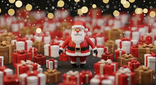 Whimsical low-poly Santa Claus surrounded by piles of Christmas presents in a festive, snowy scene.