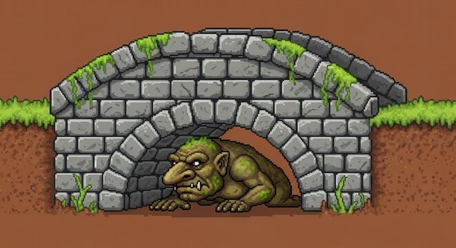 Monstrous creature lurks beneath an ancient stone archway in earthy surroundings