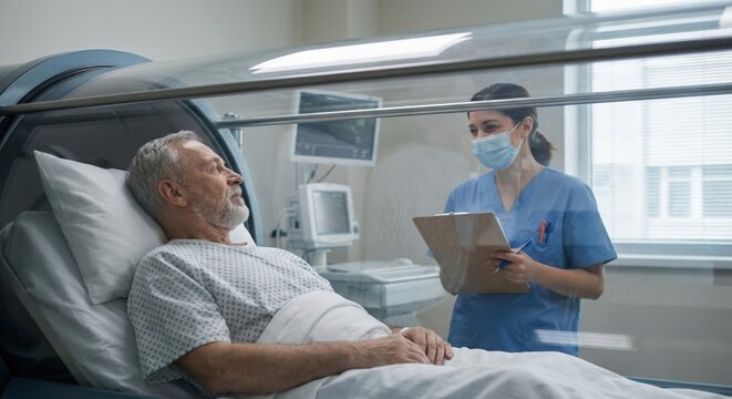 Elderly patient in hyperbaric oxygen chamber with nurse