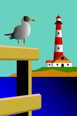 Fototapeta premium Minimalist vector illustration of a seagull perched on a wooden pier overlooking a red and white striped lighthouse on a distant island.