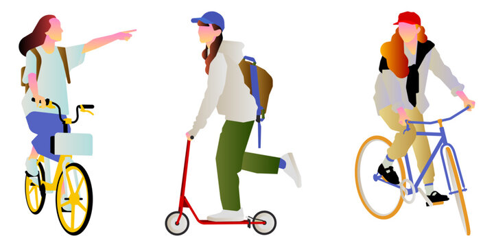 Vector illustration of young people using eco-friendly urban transport, including bicycles and a kick scooter, in a flat minimalist style with colorful gradients.