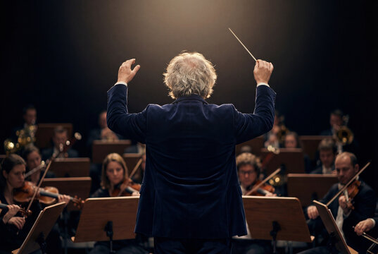 Conductor from behind leading a symphony orchestra during a classical concert