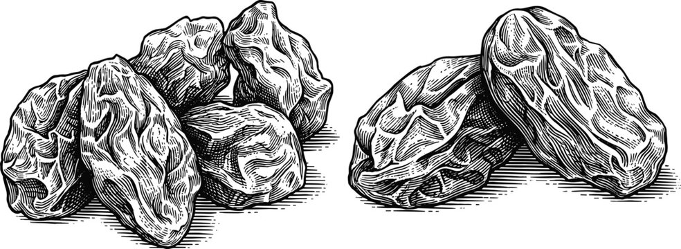 Heap of dried prunes vintage engraving style isolated on transparent background