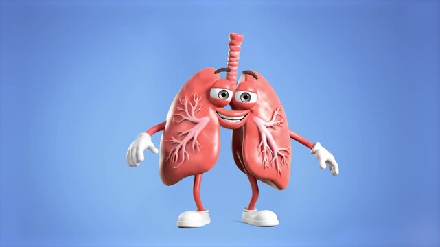 A funny medical 3D animated human lungs organ character with a smiling face, arms, and legs dances energetically. The educational anatomical loop is set against a clean blue background.