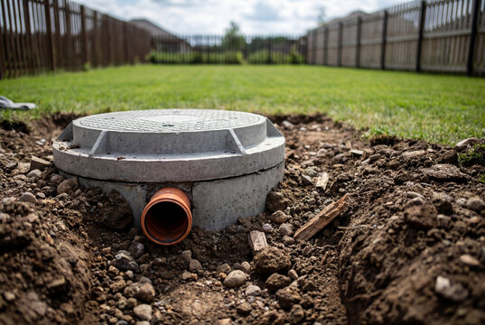 Newly installed concrete septic tank access with an orange pipe in a backyard lawn