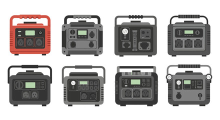 Fototapeta premium A set of 2D flat-style icons representing portable power stations and battery generators with various ports and handles. Perfect for camping gear reviews, emergency power explainers, and outdoor techn