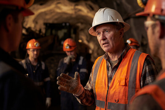 Mine safety manager in a hard hat giving instructions to a team of miners underground