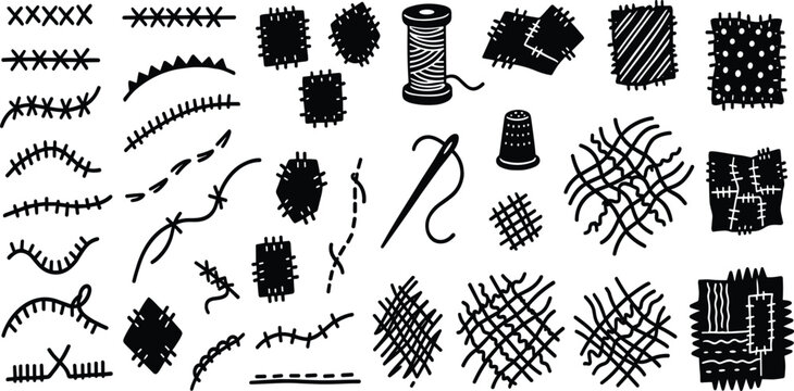 Sewing repair kit with patches and stitches for garment restoration