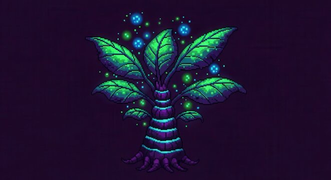 Glowing exotic flora illuminates the deep space with pixelated luminescence.