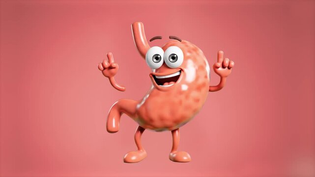 A happy 3D animated stomach character with a wide smile and hands raised, performing a joyful dance. Perfect for health commercials, digestion-related content, and educational videos about the human b