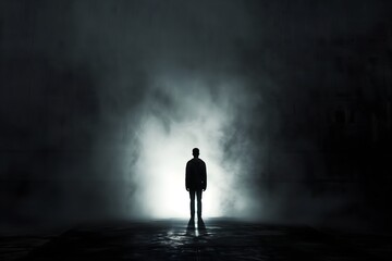Obraz premium Silhouette of a person standing in front of glowing light in dark fog, mystery and hope concept