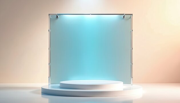 Minimalist podium display background with soft lighting. Clean stage for product placement. Futuristic backdrop for presentation. Smooth white platform for advertising goods. Simple setup for event