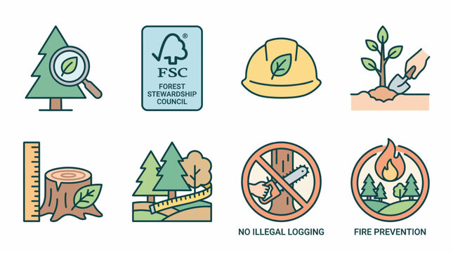 Forest Conservation Vector Icon Pack &ndash; Sustainable Forestry, Eco Protection, Tree Planting, Fire Prevention, No Illegal Logging, FSC Certification, Environmental Awareness, Green Nature Vector 
