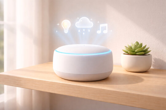 Cozy minimalist 3D soft pastel render of a voice activated smart home device with glowing icons on light wood shelf, suitable for technology background