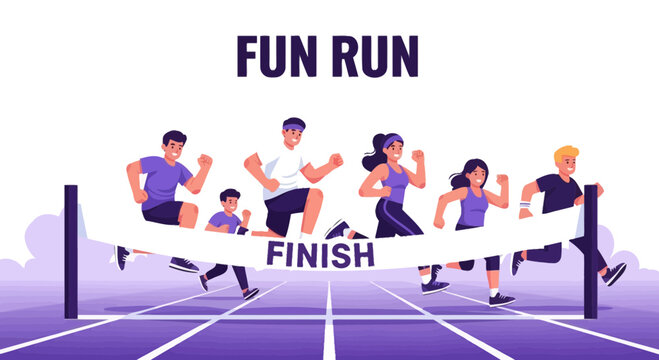 Fun Run Illustration: People Racing and Breaking Through the Finish Line Together