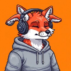 Obraz premium Anthropomorphic fox character enjoying music through over-ear headphones while wearing a hooded sweatshirt
