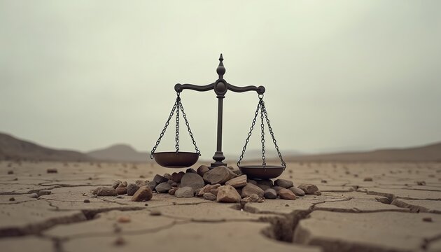 Justice scales sit on cracked desert earth. Symbolizing imbalance and unfairness in desolate barren landscape, conveying law and legal system problems.