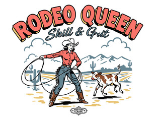 Vintage rodeo queen cowgirl with lasso chasing calf, wild west desert scene mascot vector illustration for t-shirt design and apparel © Rizky Fadel