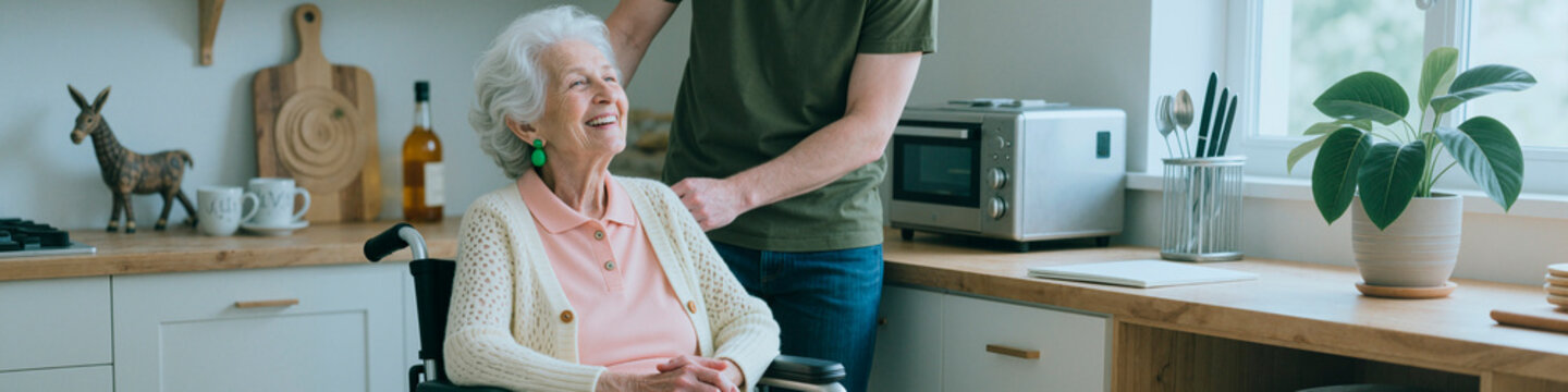 Senior woman with disability sitting in wheelchair while young adult man assisting at home, showing caregiving support and aging in place. Useful for healthcare, home care, family support marketing