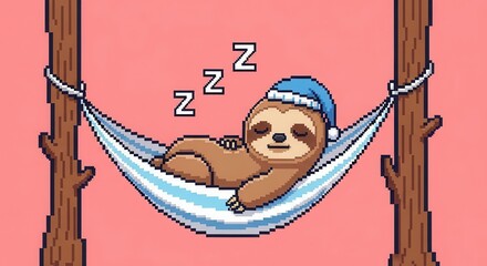 Fototapeta premium Cute pixelated mammal rests comfortably in a fabric swing tied between two wooden trunks