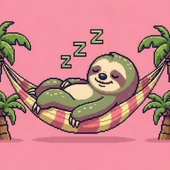 Fototapeta premium Cute pixelated sloth peacefully sleeping in a striped hammock between palm trees