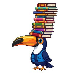 Fototapeta premium Pixelated tropical bird balances tall stack of colorful literature atop its head