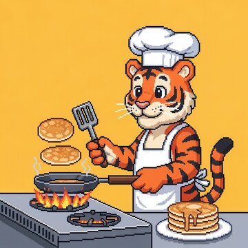 Anthropomorphic feline chef expertly flips flat cakes cooking on a lit stove burner