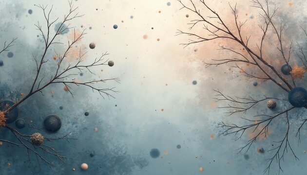 Bare tree branches with fuzzy seed pods, dark circular objects float against soft blue, peach watercolor background. Gentle abstract design with open space top for text, copy or graphic elements.